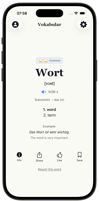 Vokabular App Screenshot showing German vocabulary flashcard interface with word learning features